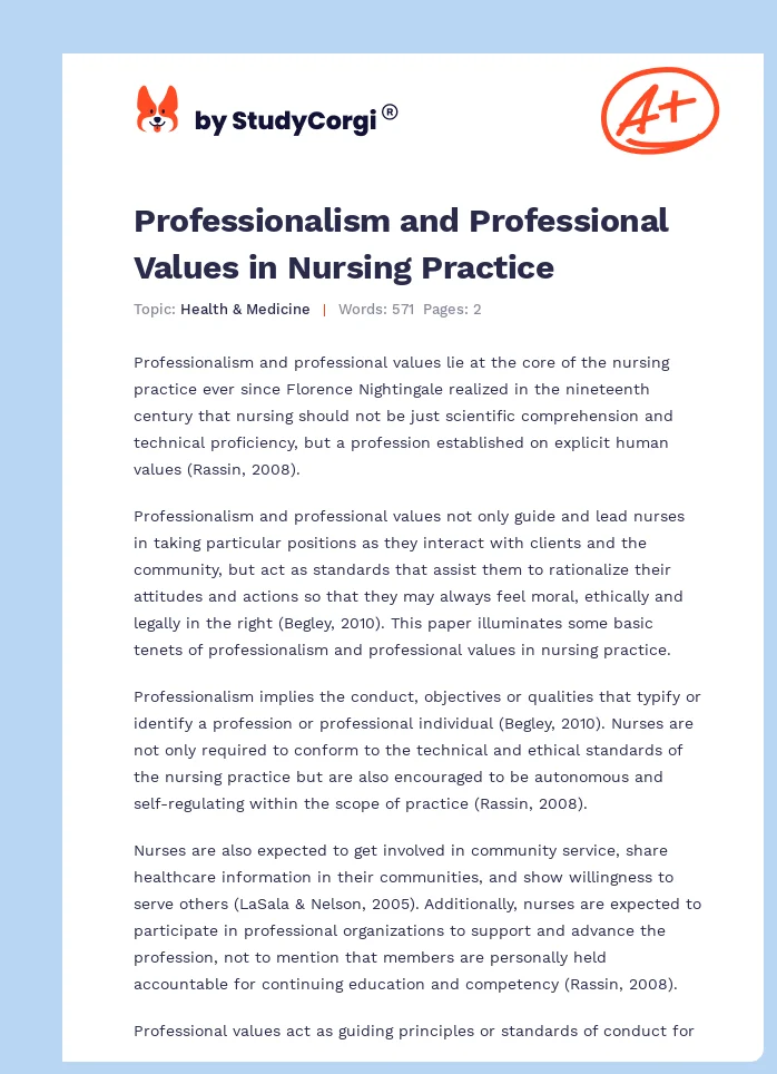 Professionalism and Professional Values in Nursing Practice. Page 1
