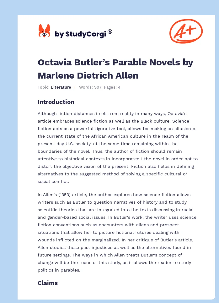 Octavia Butler’s Parable Novels by Marlene Dietrich Allen. Page 1