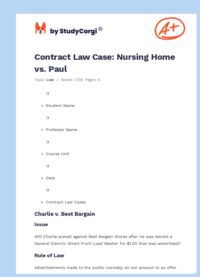 Contract Law Case: Nursing Home vs. Paul. Page 1