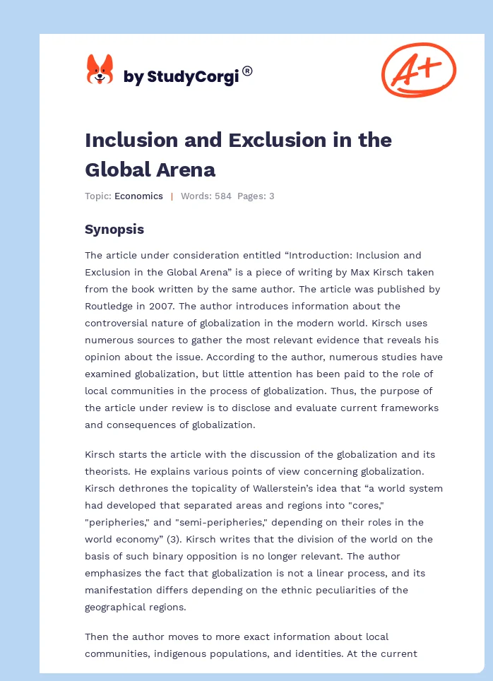 Inclusion and Exclusion in the Global Arena. Page 1