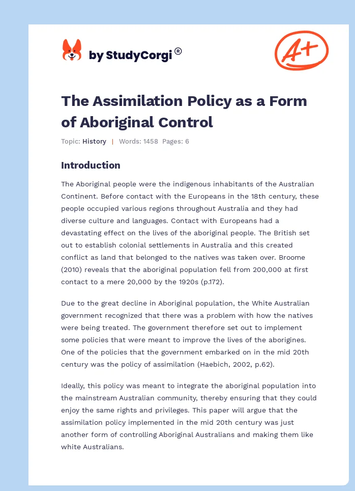 The Assimilation Policy as a Form of Aboriginal Control. Page 1