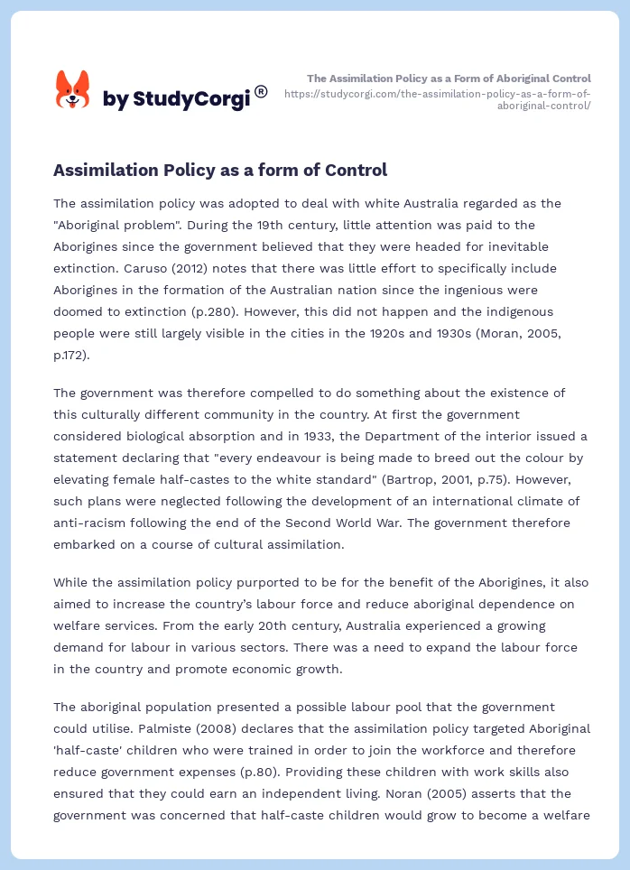 The Assimilation Policy as a Form of Aboriginal Control. Page 2