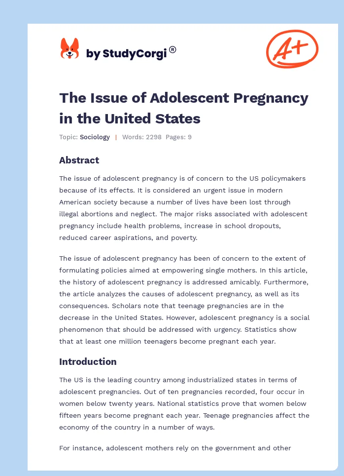 The Issue of Adolescent Pregnancy in the United States. Page 1
