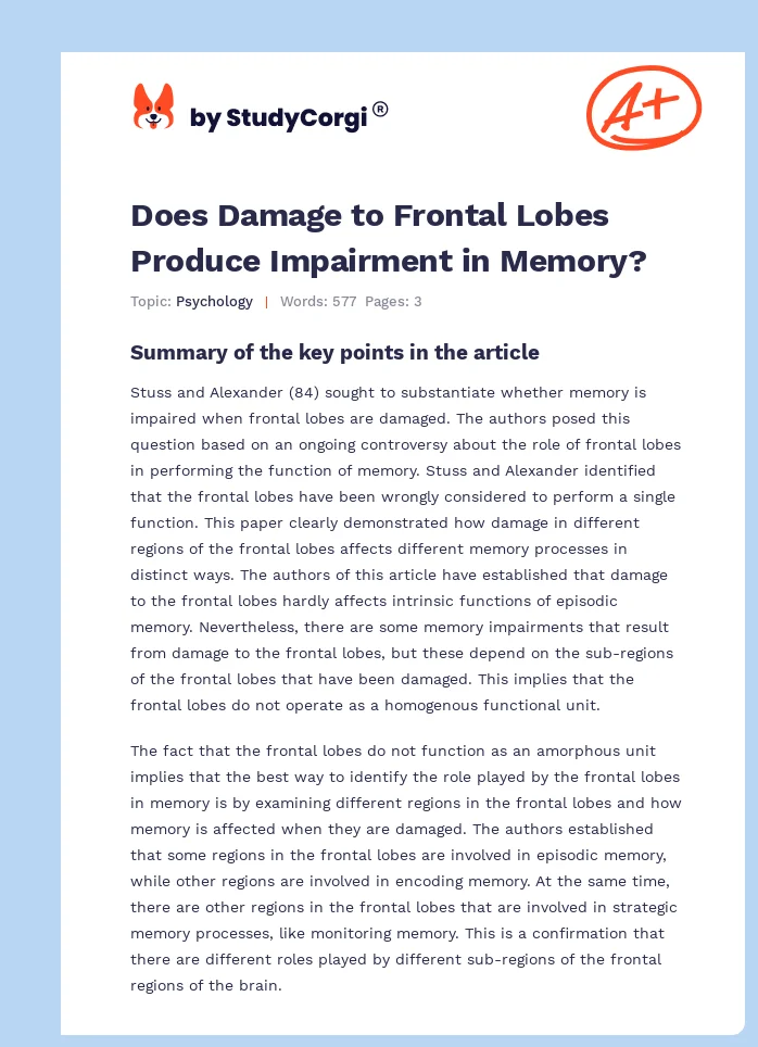Does Damage to Frontal Lobes Produce Impairment in Memory?. Page 1