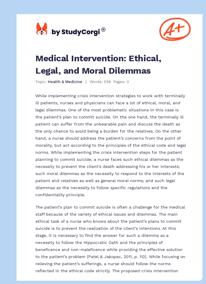 Medical Intervention: Ethical, Legal, and Moral Dilemmas. Page 1