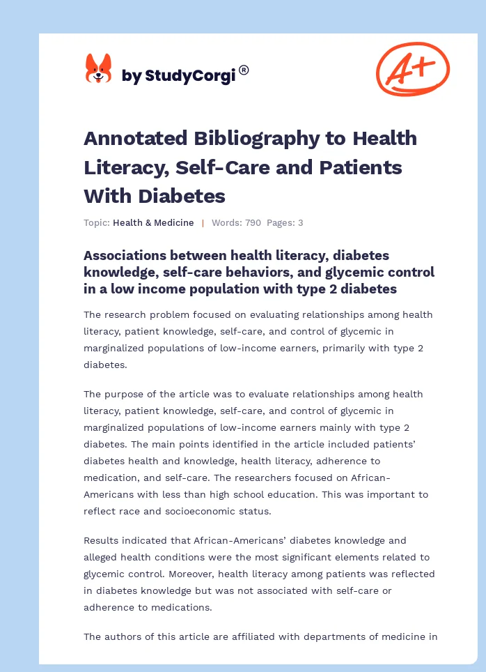 Annotated Bibliography to Health Literacy, Self-Care and Patients With Diabetes. Page 1