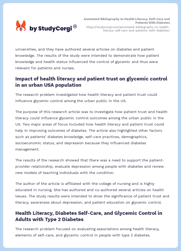 Annotated Bibliography to Health Literacy, Self-Care and Patients With Diabetes. Page 2