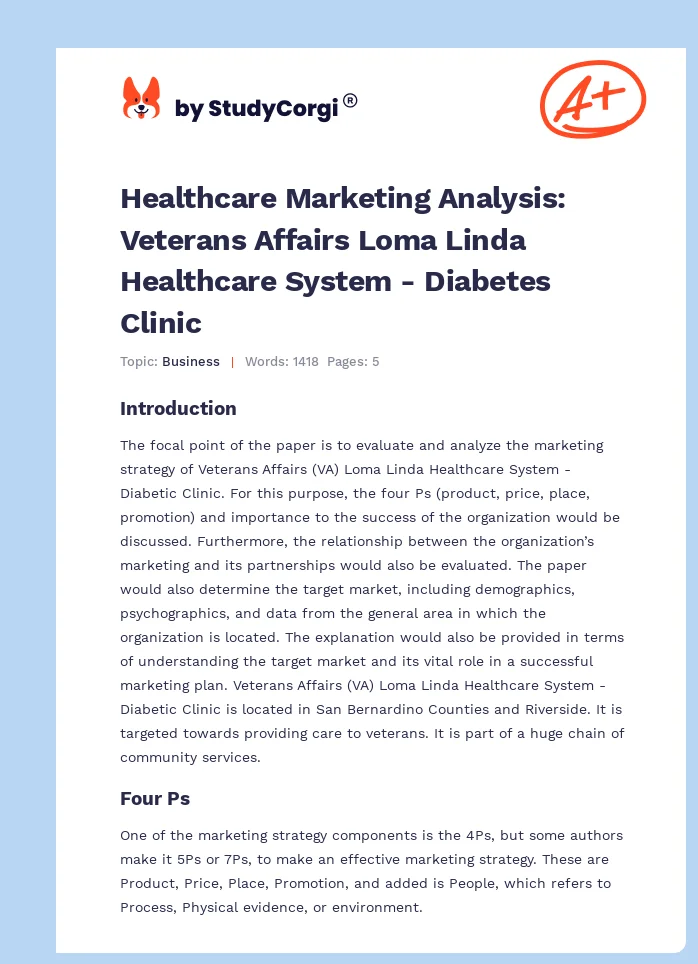Healthcare Marketing Analysis: Veterans Affairs Loma Linda Healthcare System - Diabetes Clinic. Page 1