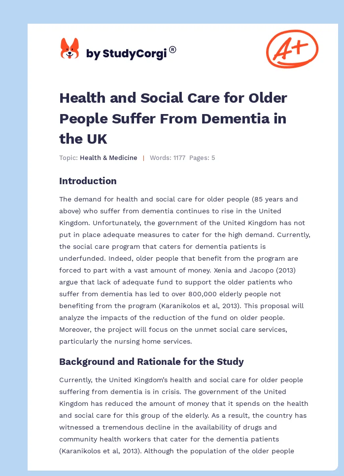 Health and Social Care for Older People Suffer From Dementia in the UK. Page 1