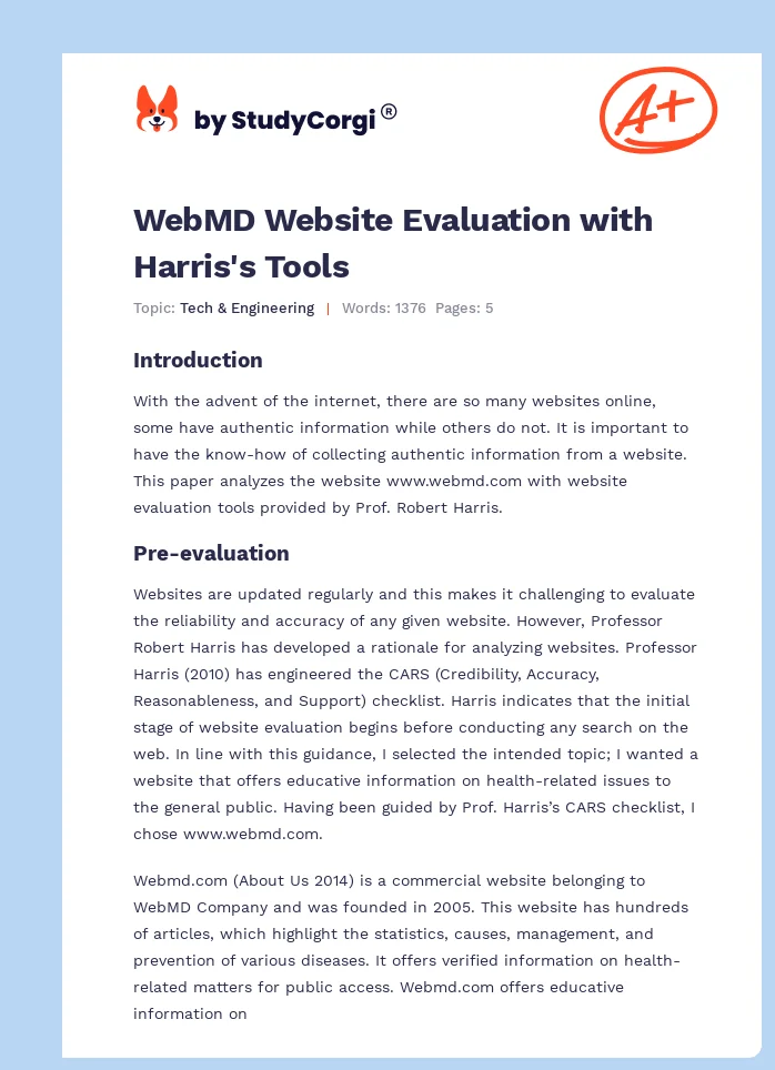 WebMD Website Evaluation with Harris's Tools. Page 1