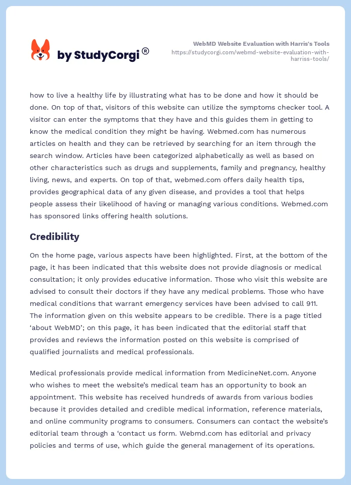 WebMD Website Evaluation with Harris's Tools. Page 2