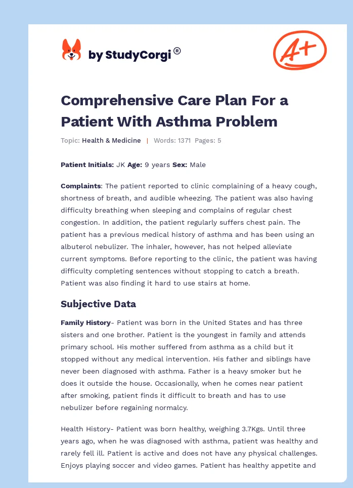 Comprehensive Care Plan For a Patient With Asthma Problem. Page 1