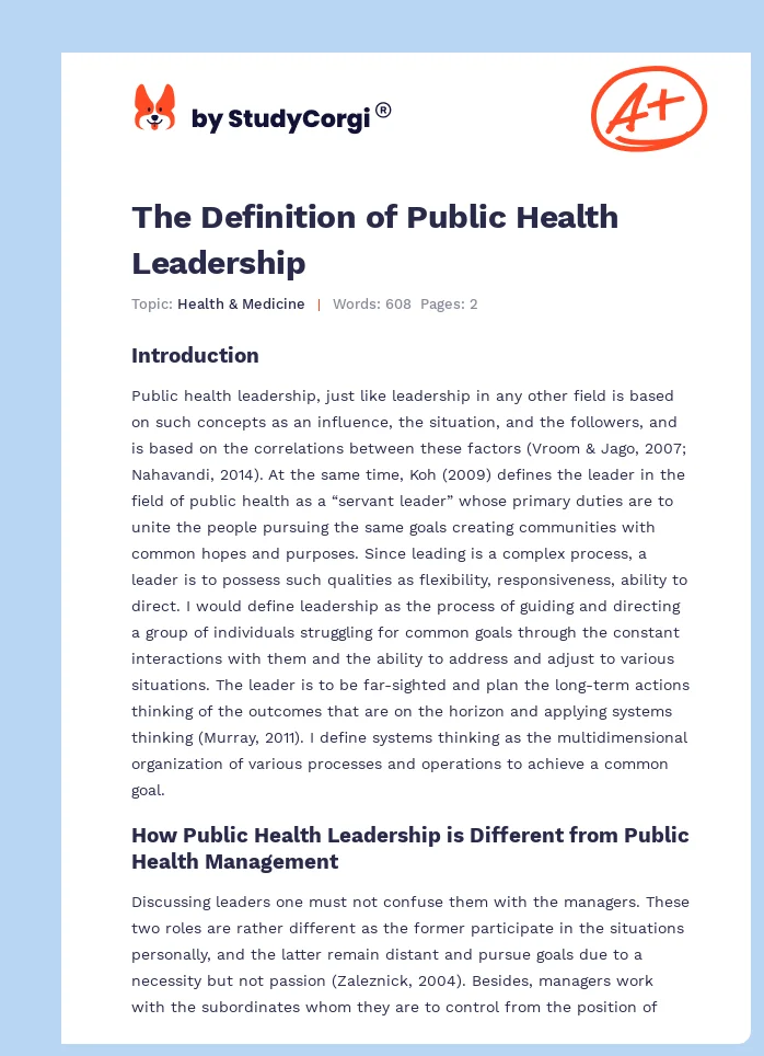 The Definition of Public Health Leadership. Page 1
