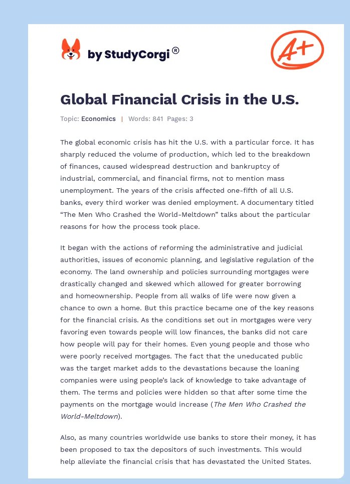 Global Financial Crisis in the U.S.. Page 1