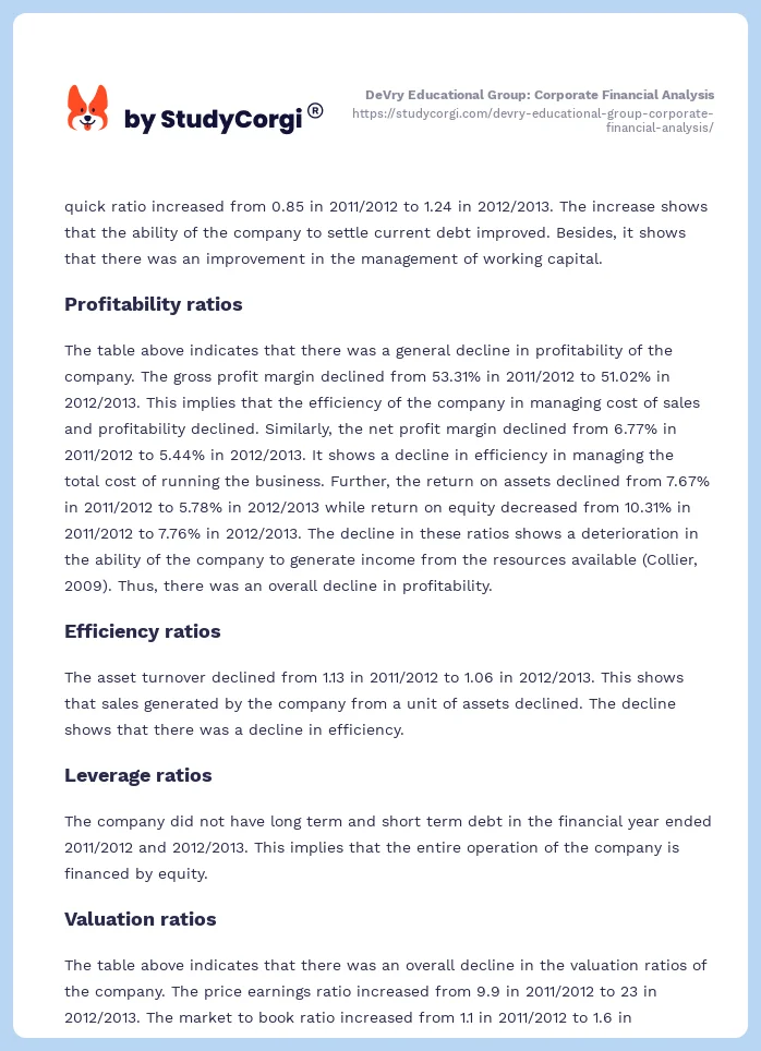 DeVry Educational Group: Corporate Financial Analysis. Page 2