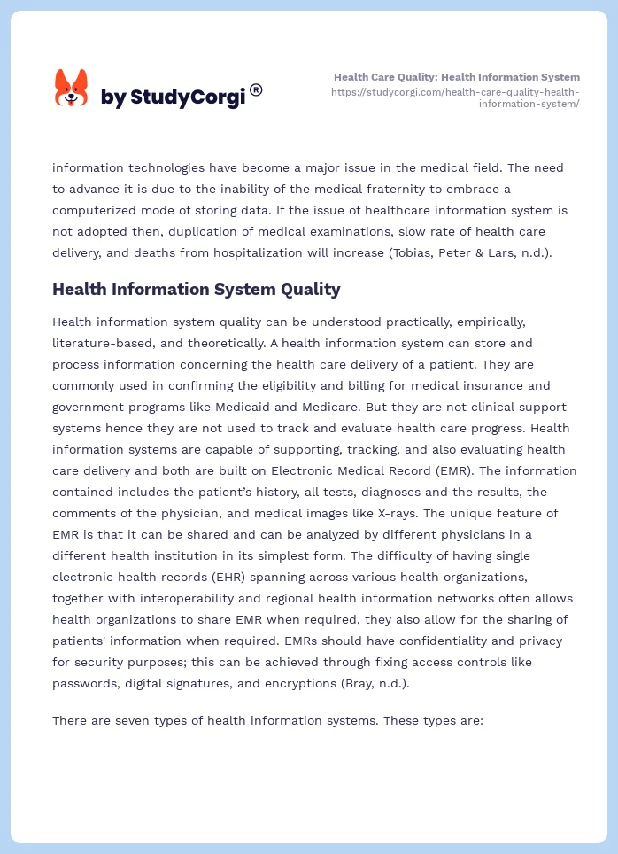 Health Care Quality: Health Information System. Page 2