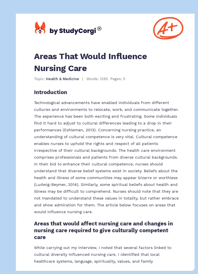 Areas That Would Influence Nursing Care. Page 1