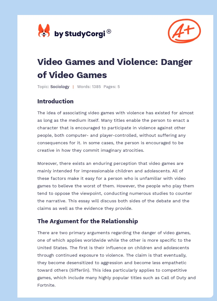 Video Games and Violence: Danger of Video Games. Page 1