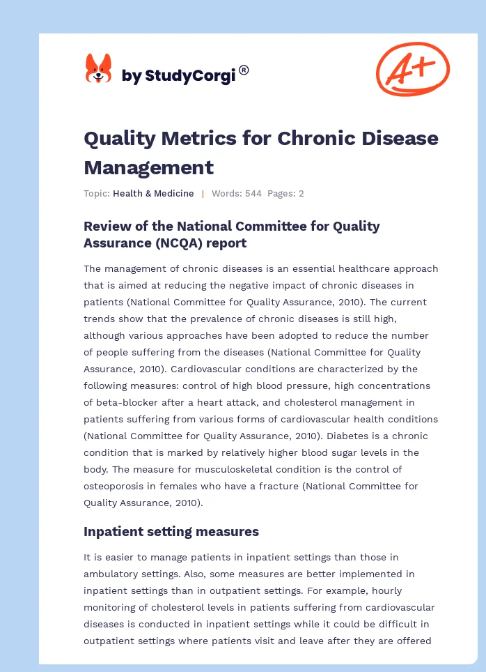 Quality Metrics for Chronic Disease Management. Page 1