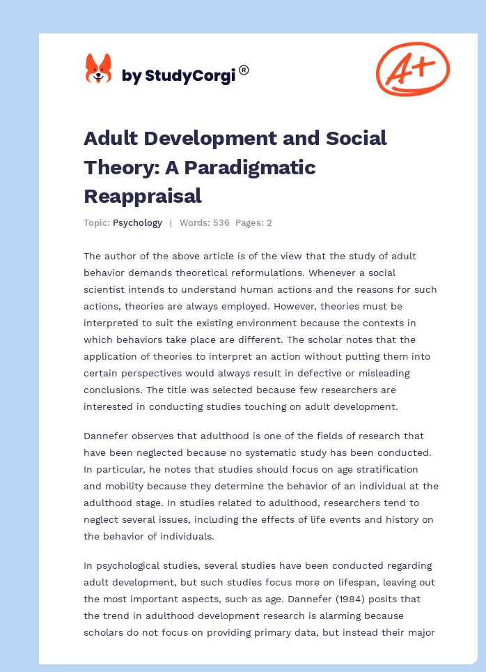 Adult Development and Social Theory: A Paradigmatic Reappraisal. Page 1