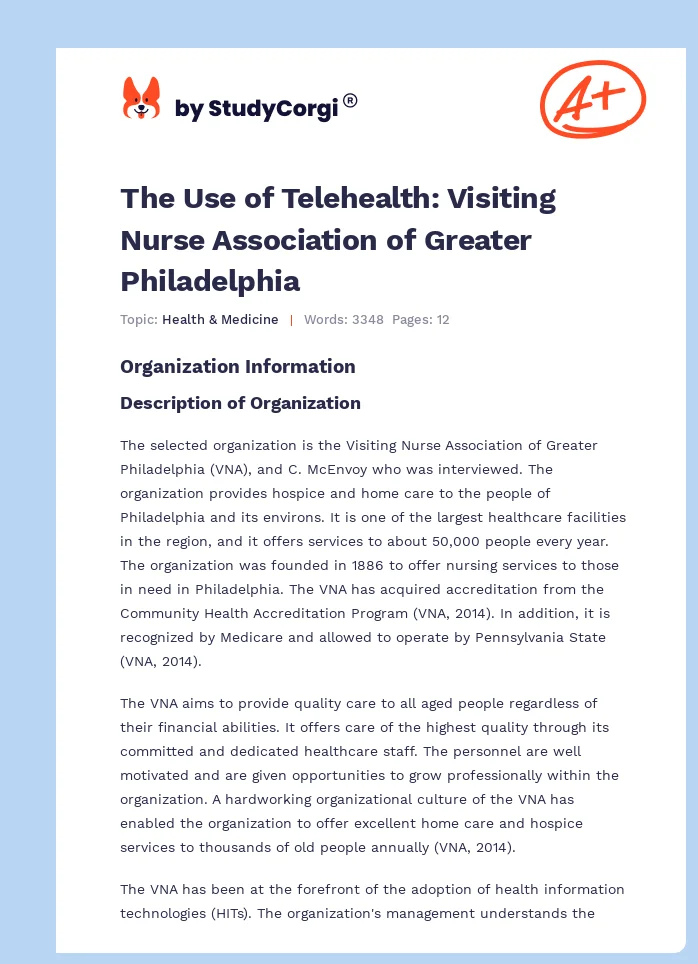The Use of Telehealth: Visiting Nurse Association of Greater Philadelphia. Page 1