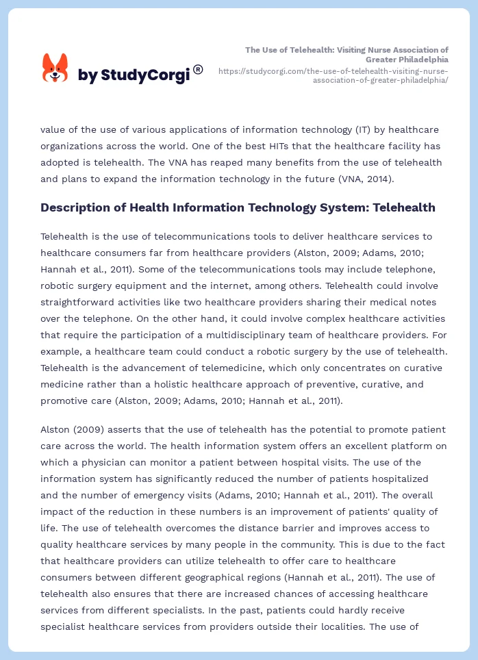 The Use of Telehealth: Visiting Nurse Association of Greater Philadelphia. Page 2