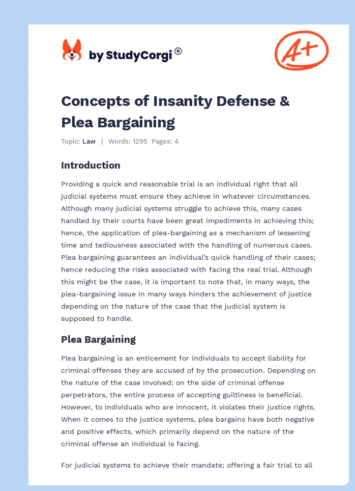 Concepts of Insanity Defense & Plea Bargaining. Page 1