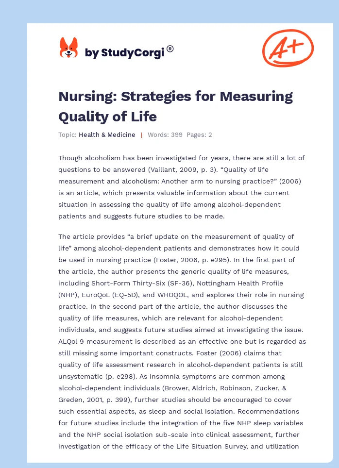 Nursing: Strategies for Measuring Quality of Life. Page 1