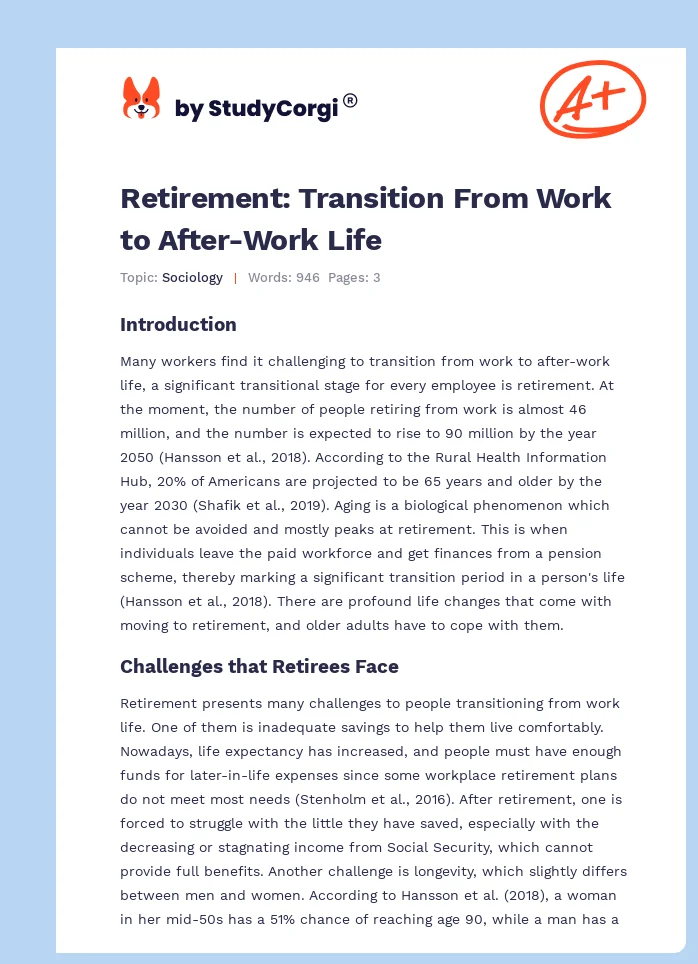 Retirement: Transition From Work to After-Work Life. Page 1