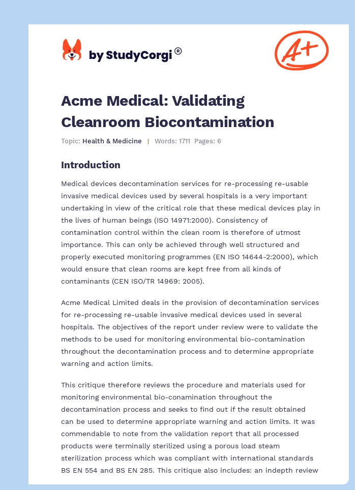 Acme Medical: Validating Cleanroom Biocontamination. Page 1