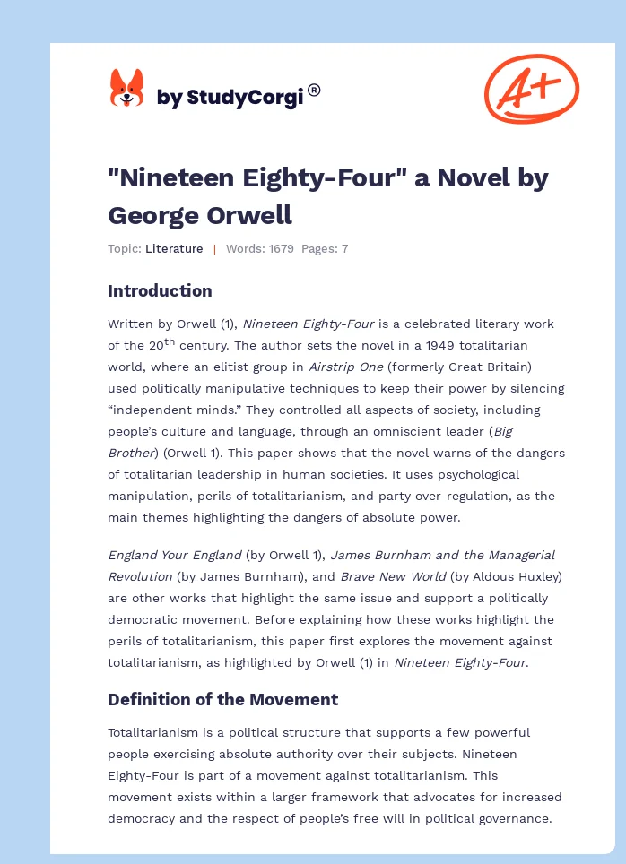 "Nineteen Eighty-Four" a Novel by George Orwell. Page 1