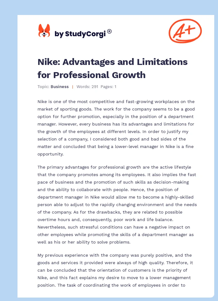 Nike: Advantages and Limitations for Professional Growth. Page 1