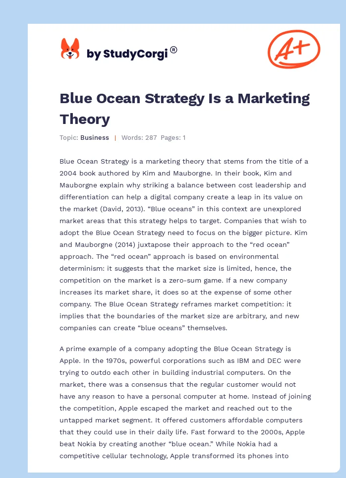 Blue Ocean Strategy Is a Marketing Theory. Page 1