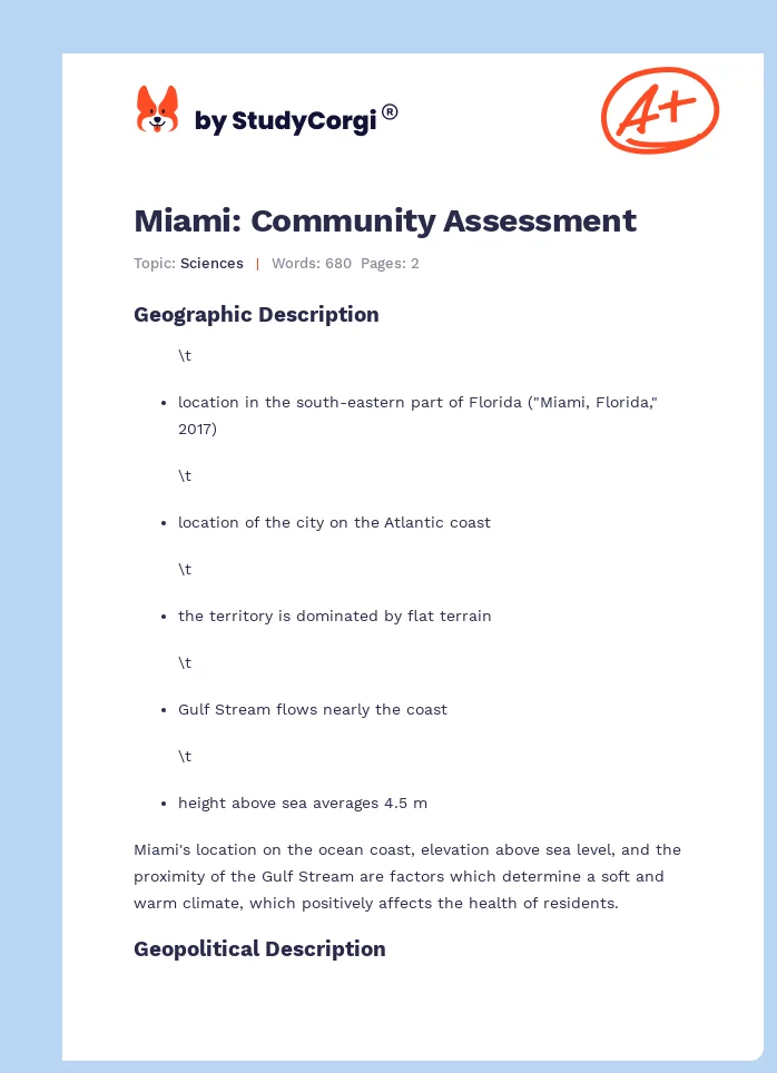 Miami: Community Assessment. Page 1