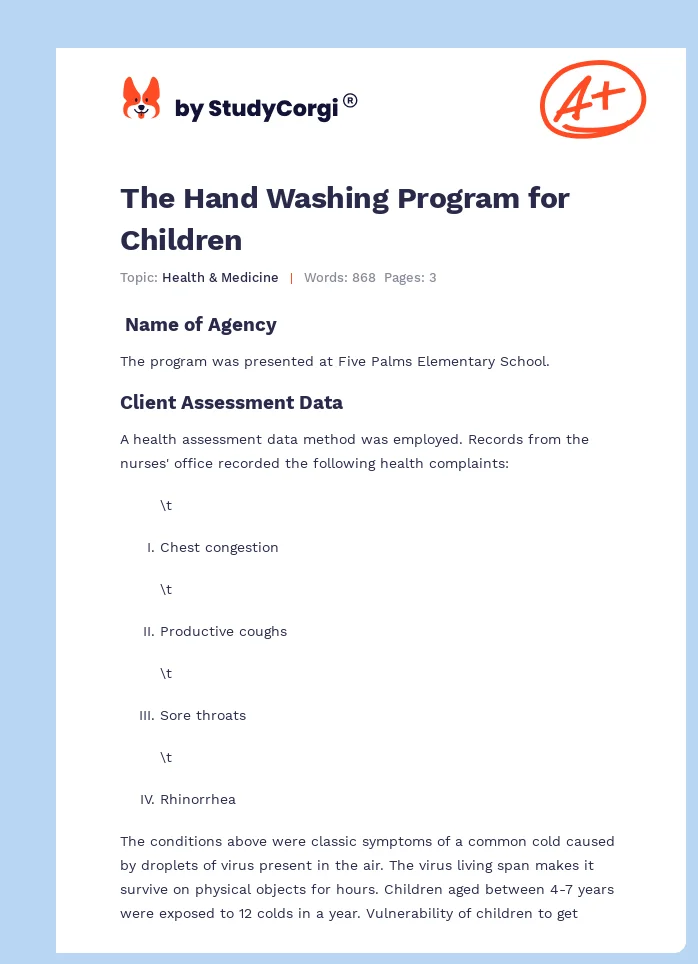 The Hand Washing Program for Children. Page 1