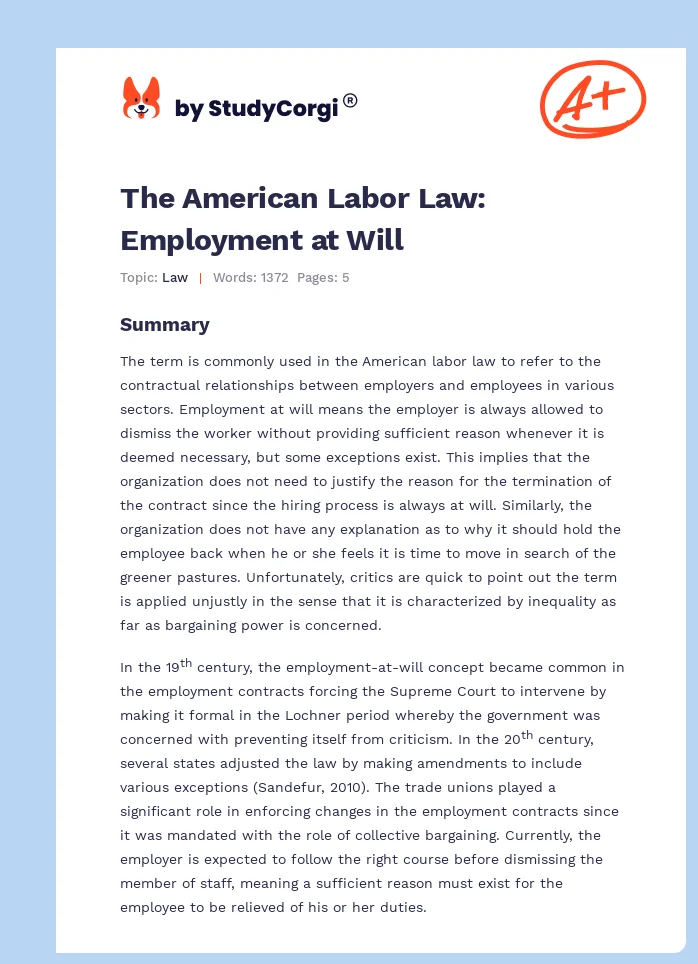 The American Labor Law: Employment at Will. Page 1
