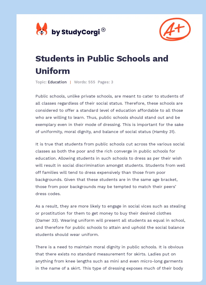 Students in Public Schools and Uniform. Page 1
