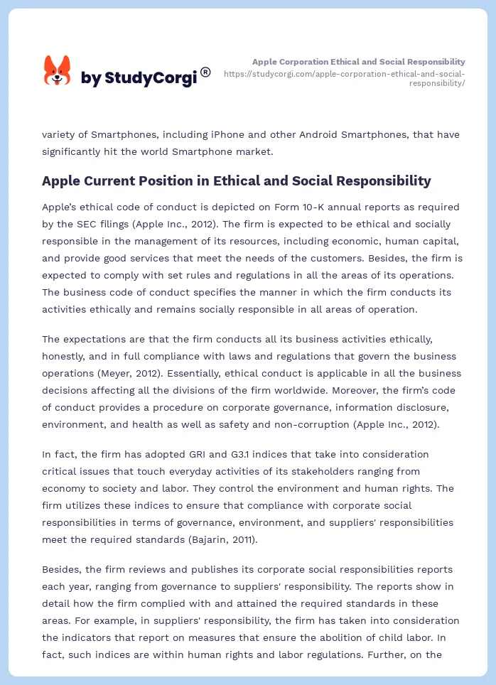 Apple Corporation Ethical and Social Responsibility. Page 2