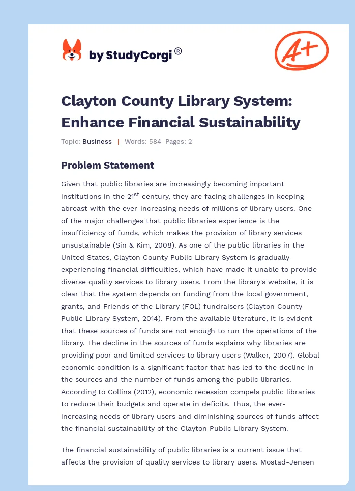Clayton County Library System: Enhance Financial Sustainability. Page 1