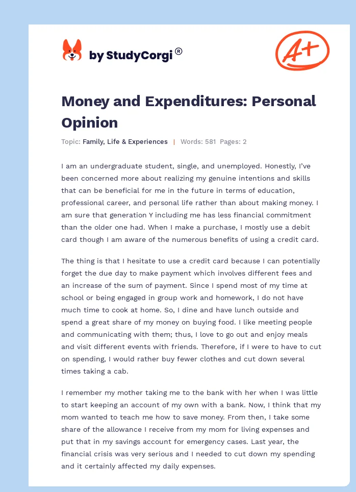 Money and Expenditures: Personal Opinion. Page 1