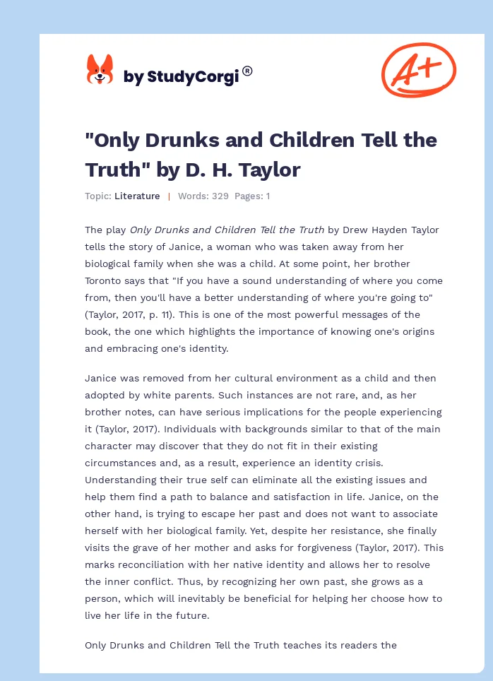 "Only Drunks and Children Tell the Truth" by D. H. Taylor. Page 1