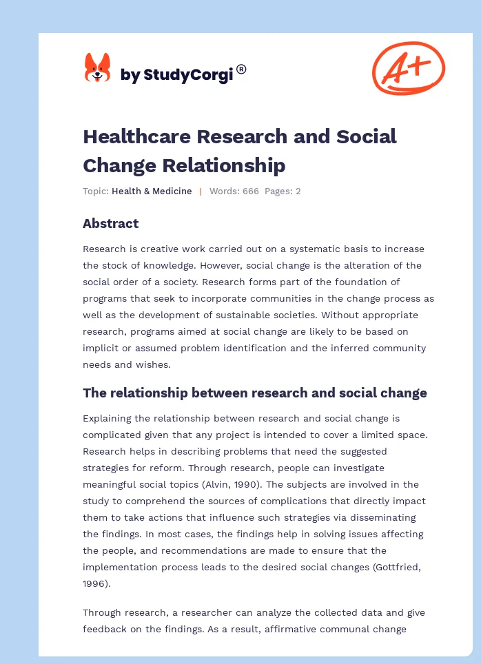 Healthcare Research and Social Change Relationship. Page 1