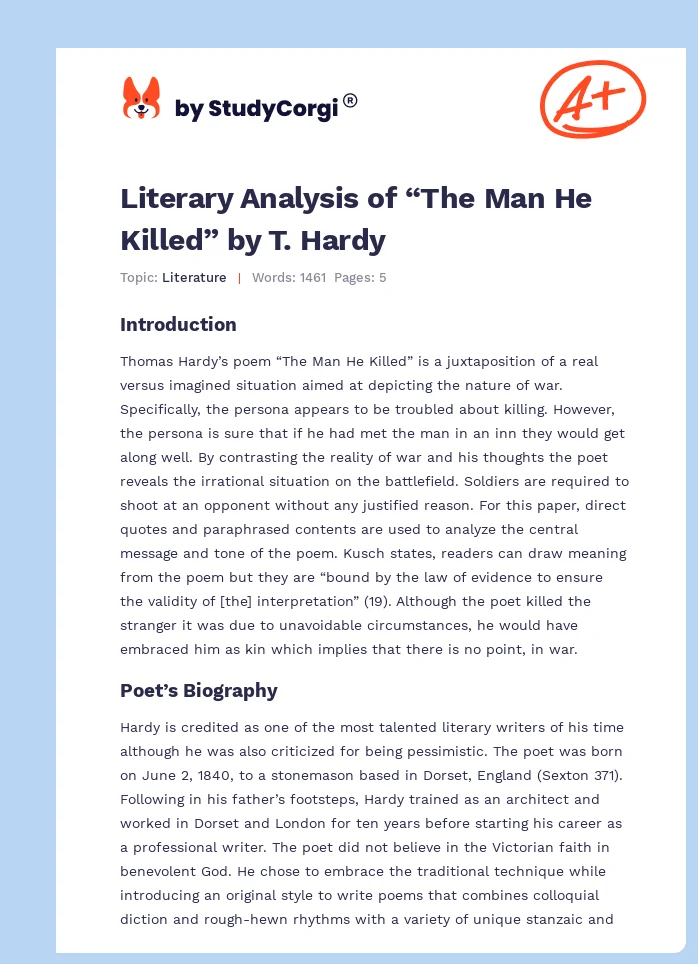 Literary Analysis of “The Man He Killed” by T. Hardy. Page 1