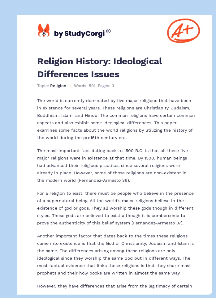 Religion History: Ideological Differences Issues. Page 1