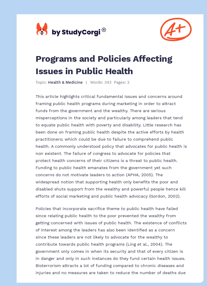 Programs and Policies Affecting Issues in Public Health. Page 1