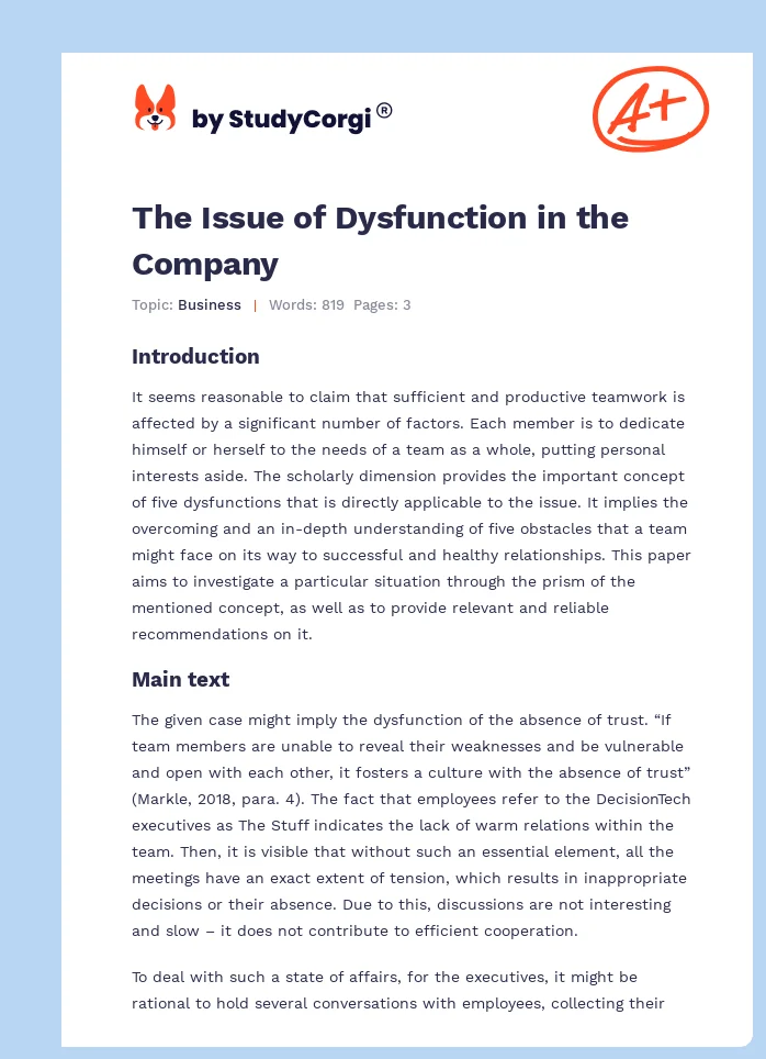 The Issue of Dysfunction in the Company. Page 1