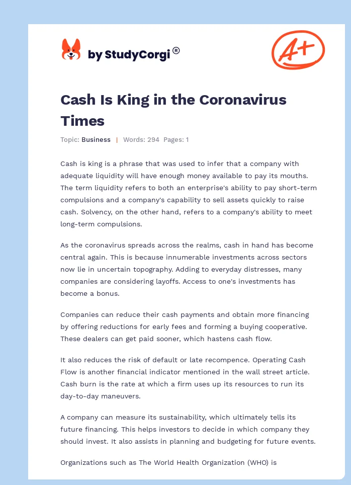 Cash Is King in the Coronavirus Times. Page 1