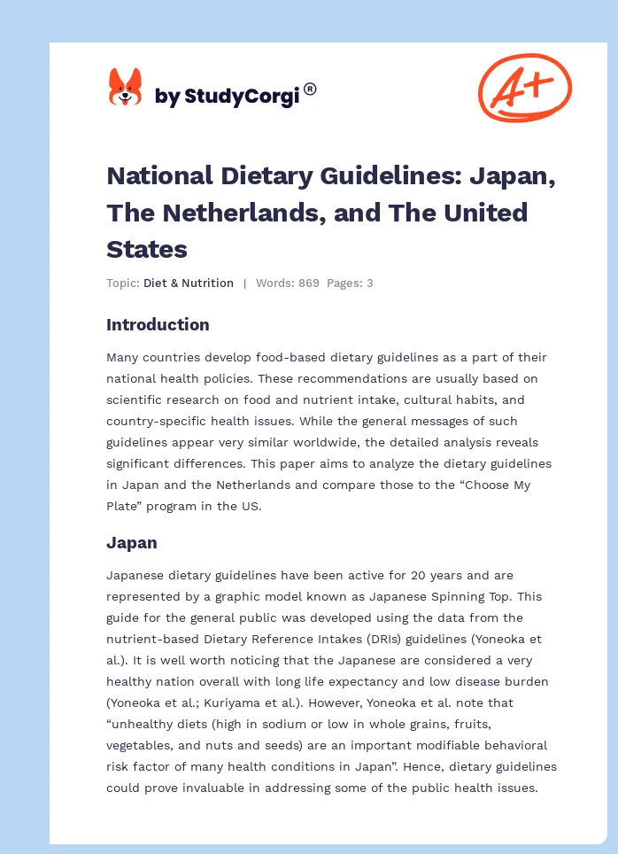 National Dietary Guidelines: Japan, The Netherlands, and The United States. Page 1