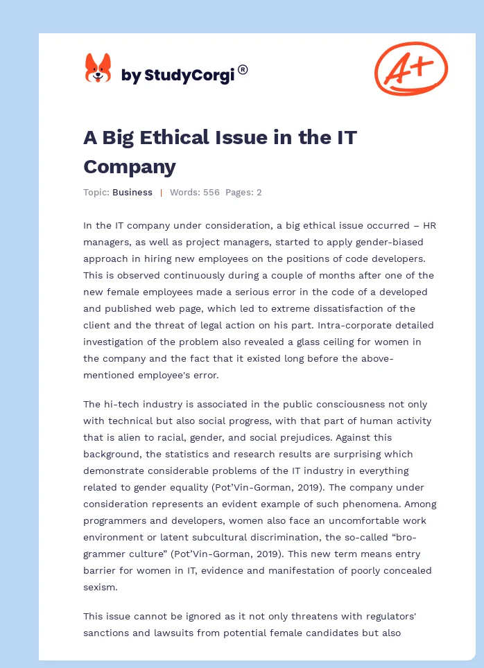 A Big Ethical Issue in the IT Company. Page 1