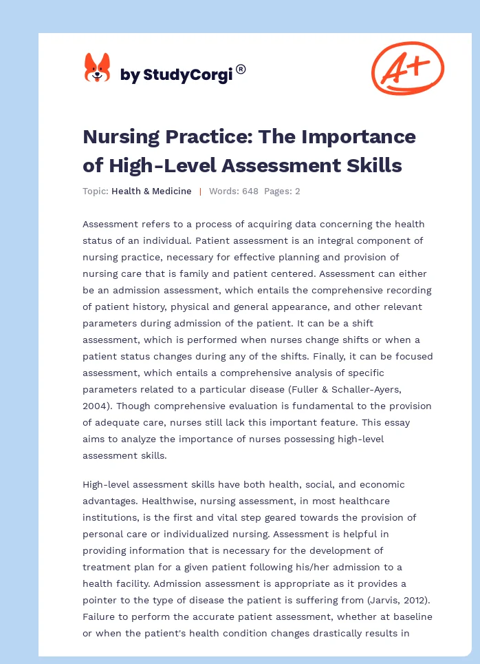 Nursing Practice: The Importance of High-Level Assessment Skills. Page 1